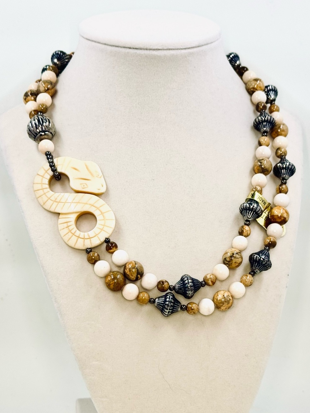 Vintage Danecraft Carved Ivory Snake Pendant Natural Stone Beaded Necklace NWT